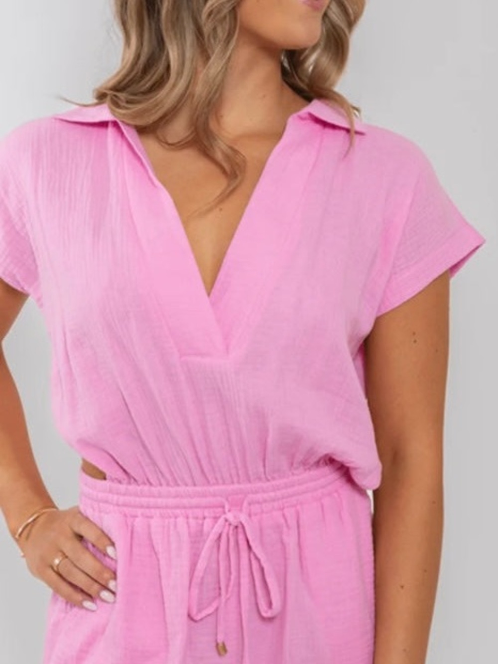Karlie Pink V-Neck Short Sleeve Drawstring Jumpsuit
